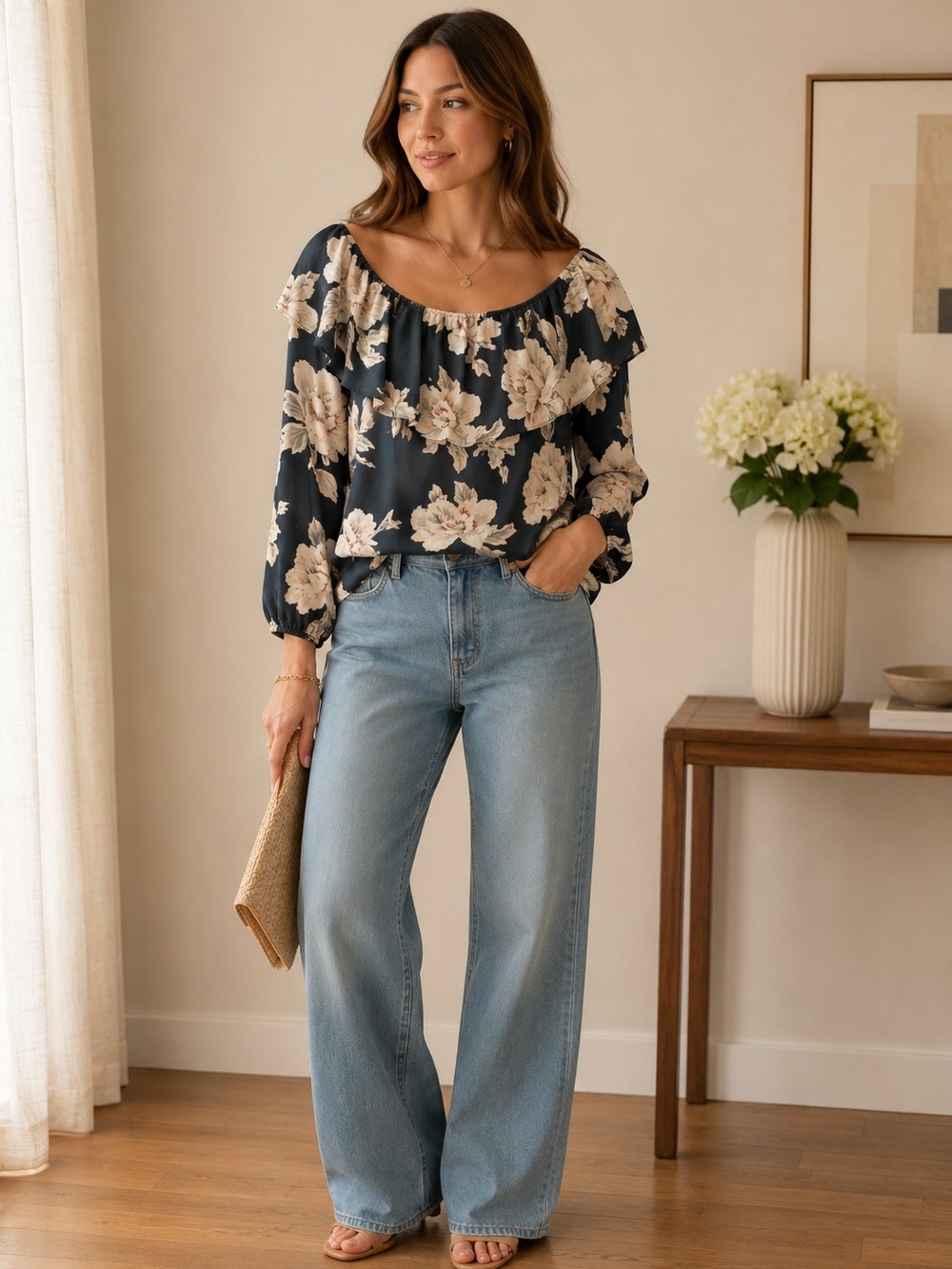 Moa Moa Navy Blue Floral Ruffle Off-Shoulder Blouse